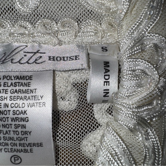 The White House Sheer Ribbon Embroidered Beaded Long Sleeve Ivory Shirt Petite P - Picture 9 of 11